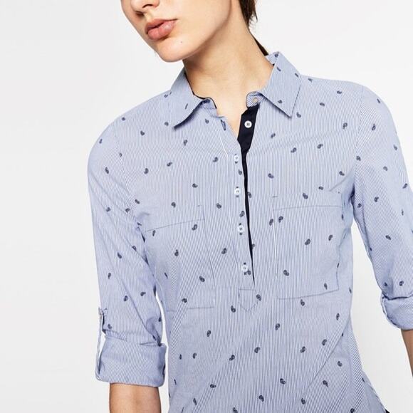Zara Basic "Roller Up" Striped Paisley Pullover Style Shirt Top - Size M - GUC - Picture 1 of 15